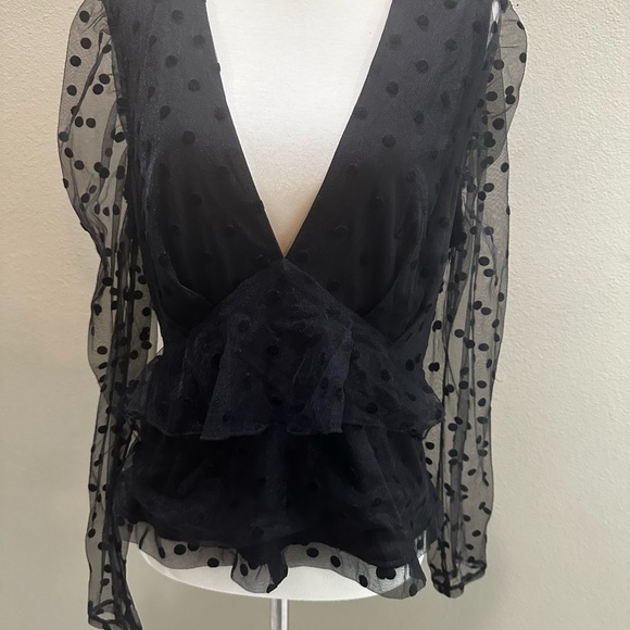 Missguided Dobby Mesh Black Long Puff Sleeve Women’s Blouse Top V Neck EUC - Picture 9 of 14